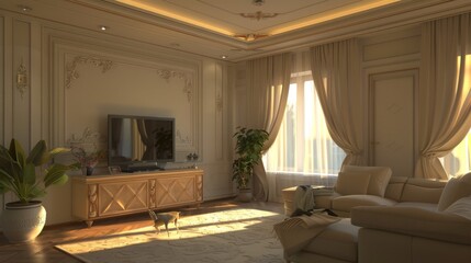 Living room 2700K light, warm light, ceiling, TV, sofa, cabinet, photo-realistic rendering --ar 16:9 Job ID: 4fce922e-7efa-4ca7-8a0f-ec7ddc1625ff