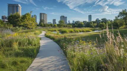 Fototapeta premium A city bike path surrounding a large grassy park filled with native plant species.