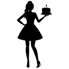 a high-resolution vector silhouette of a realistic woman, a slim beautiful girl standing with holding a birthday cake with hands and smiling