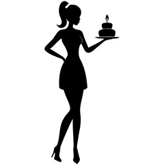 a high-resolution vector silhouette of a realistic woman, a slim beautiful girl standing with holding a birthday cake with hands and smiling