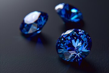 Fototapeta premium three blue sapphire gemstone plain black background from Generative AI 