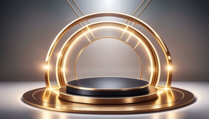 Elegant Scene with a Glowing Black and Gold Podium, empty stage for product presentation