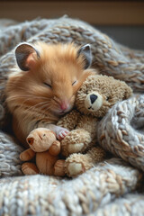 A loving hamster cuddling with a small stuffed animal, eyes closed in affection,