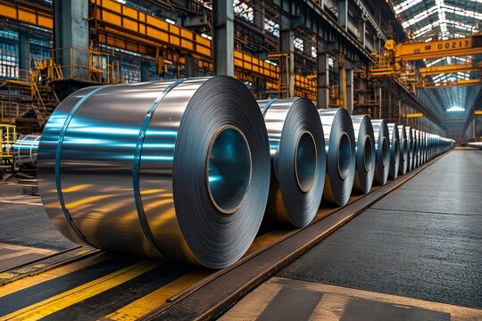 Close-up view of several large rolls of galvanized steel sheet metal in a factory setting