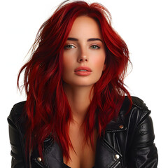 Beautiful young woman, natural red hair with black leather jacket isolated on white background,...