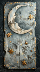 Aged blue and gold crescent moon with stars on a weathered background, suitable for vintage or rustic-themed designs. Islamic New Year.