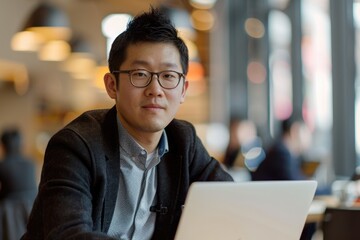 Obraz premium Asian Man at Computer. Corporate Businessman in Office Working on Laptop