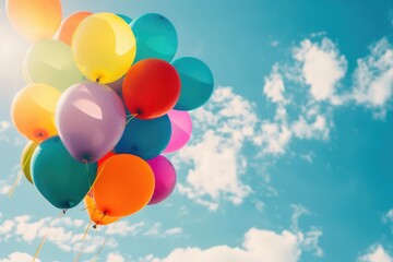 Naklejka premium Balloon Sky. Colorful Abstract Frame of Summer Party Ornaments for Children's Birthday