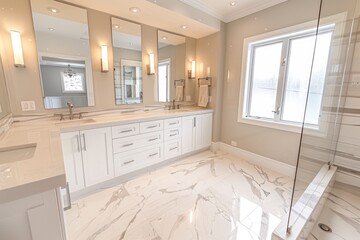 Bathroom Floor. Luxurious Master Ensuite with Elegant Tile Flooring, Two Sinks, and Shower