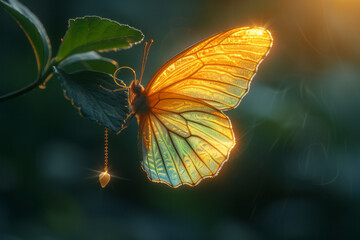 Obraz premium A simple fairy wing with a small tooth necklace draped over it,