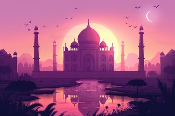 Postcard with landscape of Taj Mahal, Agra at sunset