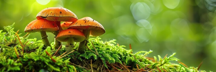 Mushrooms Wild. Edible Mushrooms Still Life in Autumn Forest Green Moss Background