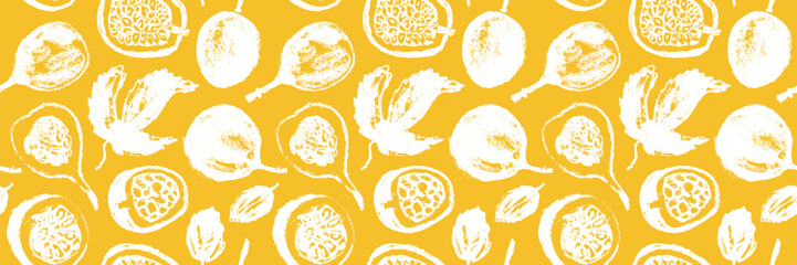 Tropical fruit banner. Vector passion fruit seamless pattern. Hand drawn granadilla illustrations. Colorful exotic fruits ornate print. Natural background for cosmetics, fruits puree or juice label.