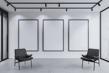 Fototapeta premium Art Gallery Frames. Minimalist Black Frames on White Wall. Interior Design Office Mockup