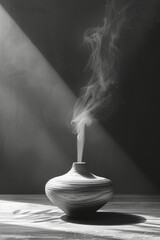 Minimalist line drawing of an essential oil diffuser emitting a gentle stream of vapor,