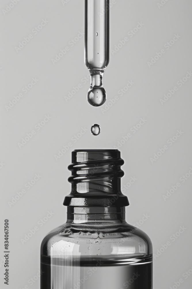 Poster Minimalist image of a dropper releasing a single drop of essential oil into a clear bottle,