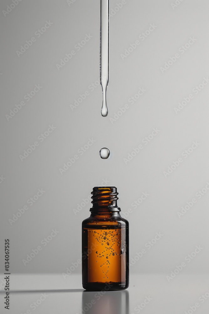 Poster minimalist image of a dropper releasing a single drop of essential oil into a clear bottle,