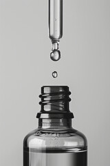 Minimalist image of a dropper releasing a single drop of essential oil into a clear bottle,