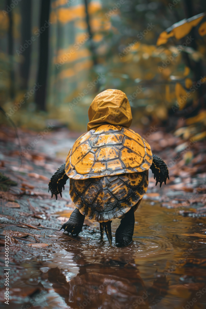 Poster a turtle in a snug raincoat, slowly making its way across a wet path,