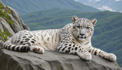 Obraz premium Generative AI creates a portrait of a spotted snow leopard kitten resting peacefully in the wild nature