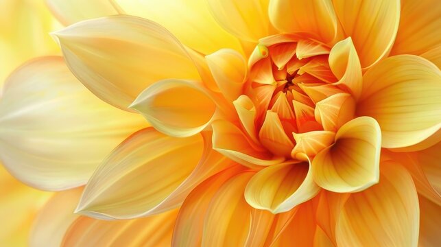A stunning yellow dahlia with orange tipped petals up close