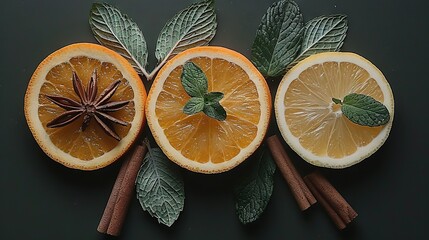   A group of oranges halved with cinnamon and anise on a dark surface, surrounded by leaves and cinnamon sticks - Powered by Adobe