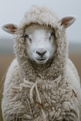 A sheep in a fluffy white raincoat, grazing in a rainy field,