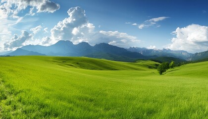 Fototapeta premium a wide expanse of lush green grassland landscape meadow with clear skies, clouds, and mountains in the distance