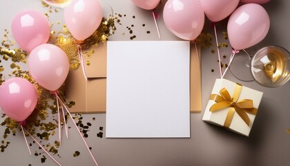 Blank white plain birthday invitation card mockup with birthday elements pink balloons and gold ribbon