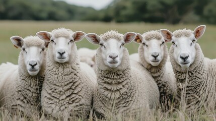 Fototapeta premium A group of a herd of sheep standing in the grass, AI