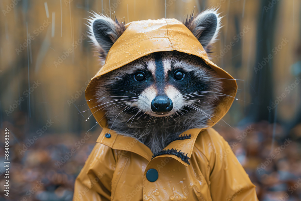 Sticker A raccoon in a raincoat with a tiny hat, exploring the rainy forest,