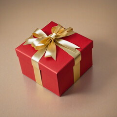 Obraz premium Top view illustration of a festive red present box with a shiny gold ribbon
