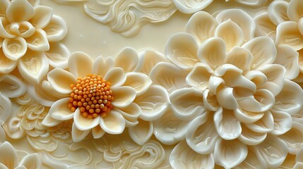   A close-up photo of a white iced cake with yellow and white flowers adorning the top
