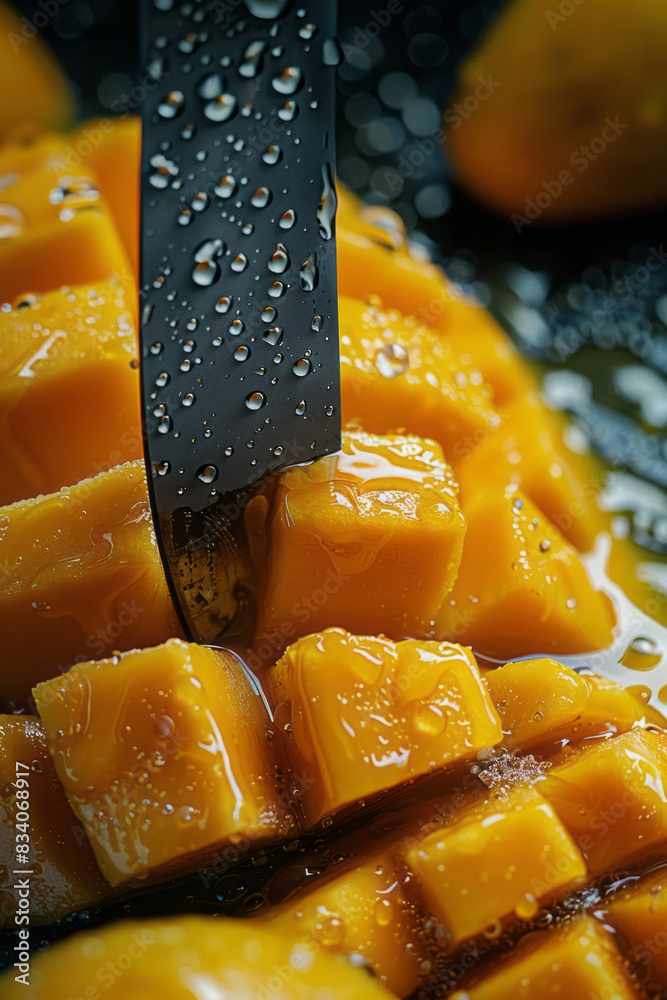 Poster macro shot of a knife slicing through a ripe mango, with the juice oozing out,