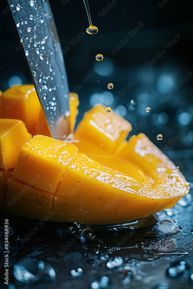 Poster macro shot of a knife slicing through a ripe mango, with the juice oozing out,