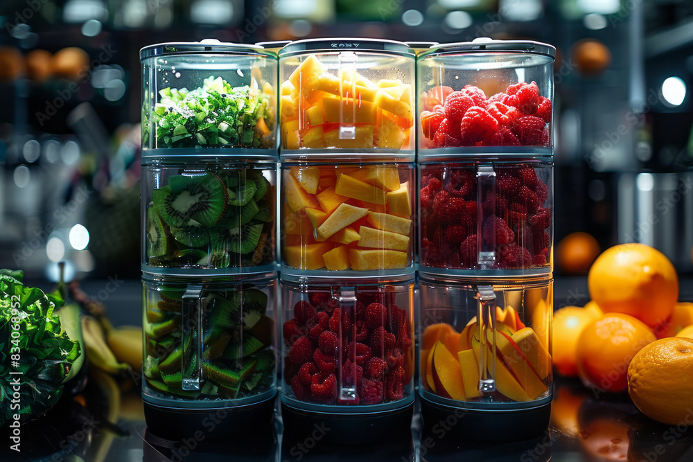 Poster Detailed view of a blender filled with colorful layers of chopped fruits,