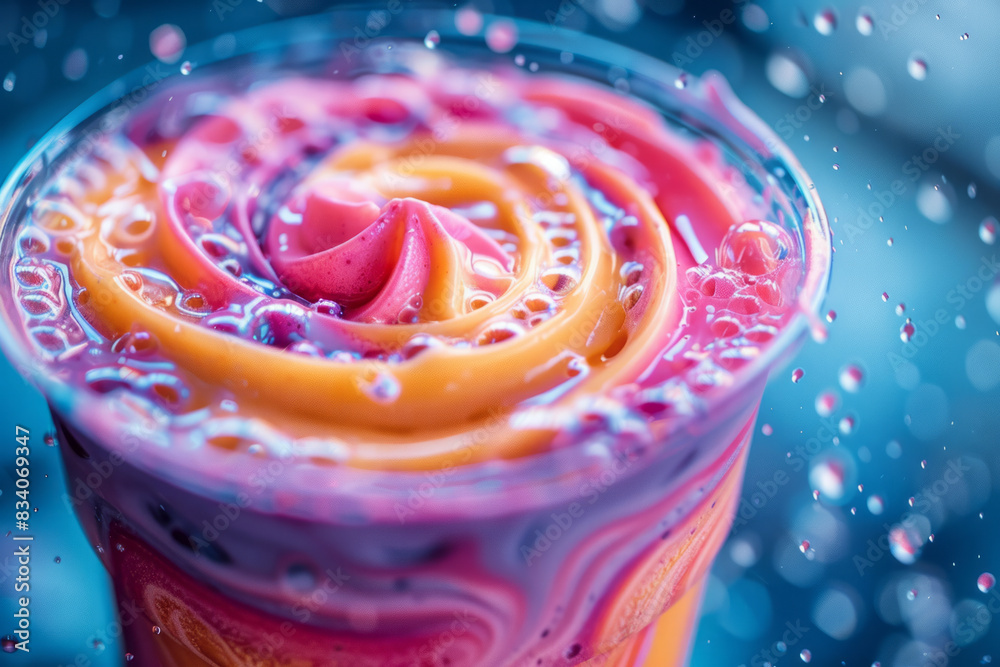 Poster macro image of the vibrant, swirling patterns forming as the smoothie blends,