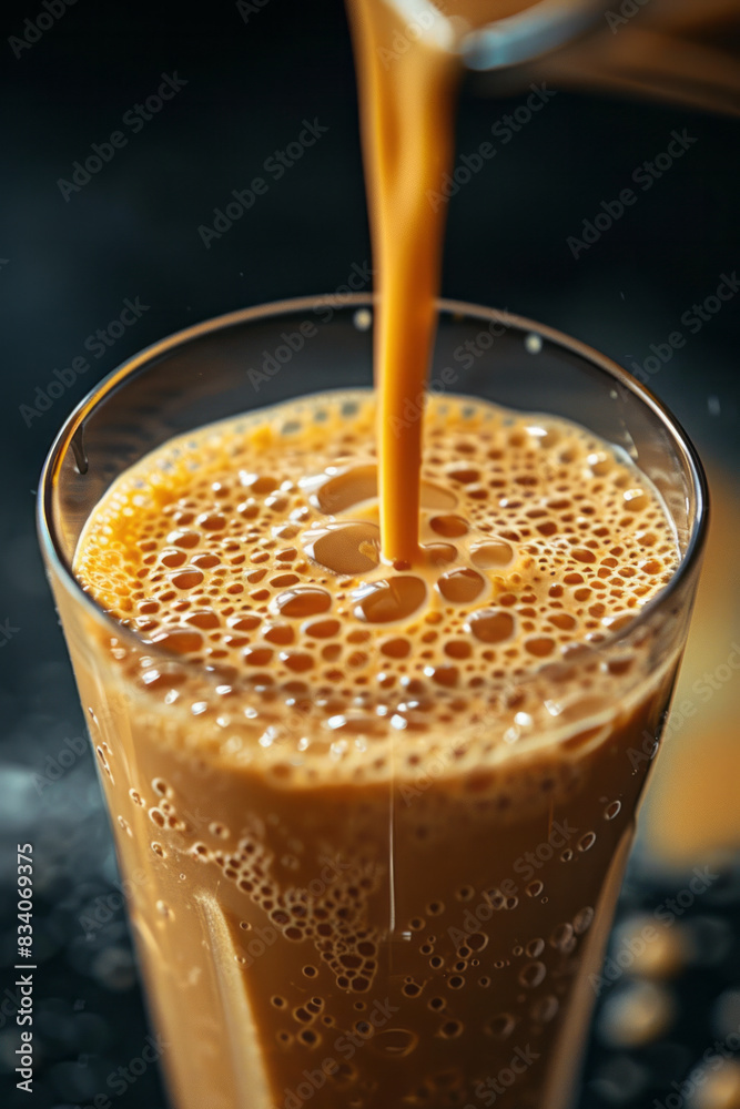 Poster close-up of a straw being inserted into a freshly poured smoothie,
