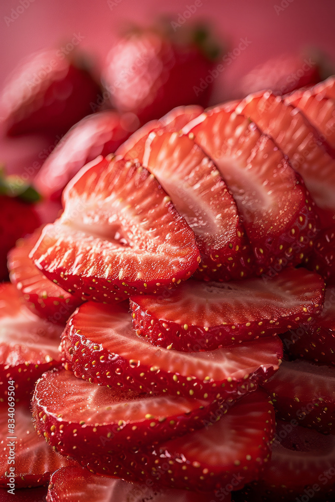 Poster Macro image of sliced strawberries being arranged on a smoothie bowl,