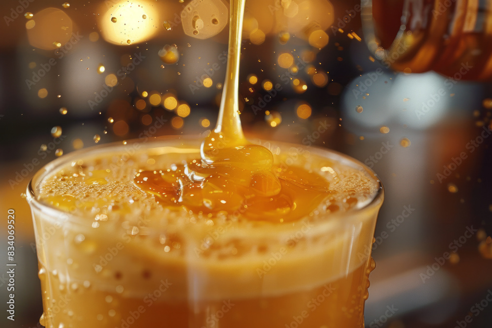 Poster macro shot of a drizzle of honey being added to a smoothie,