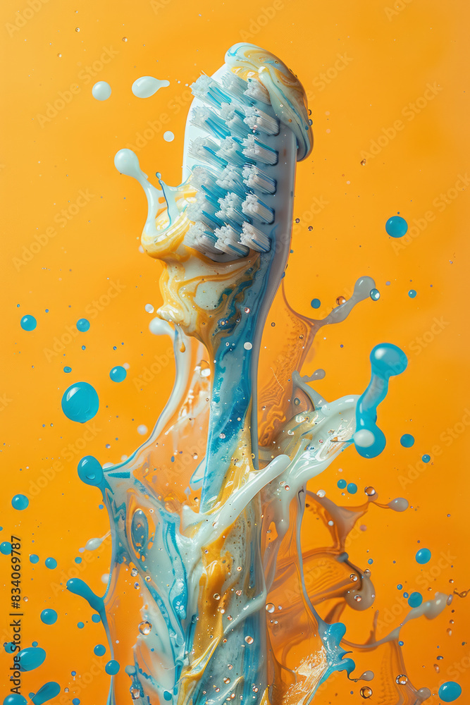 Poster A toothbrush with toothpaste creating an abstract art piece, with swirls and lines on a yellow background,