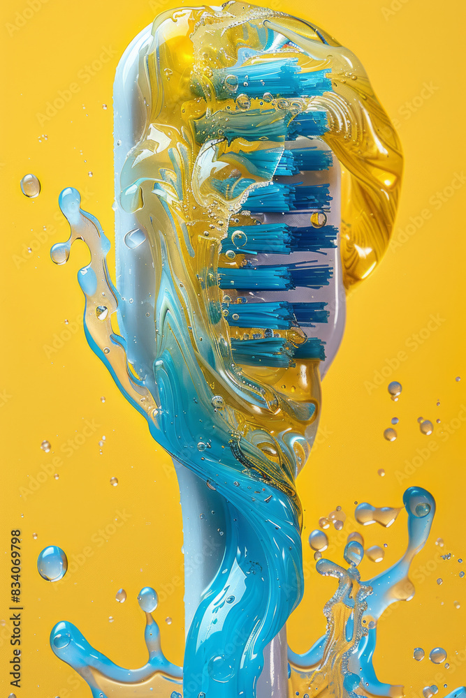 Poster a toothbrush with toothpaste creating an abstract art piece, with swirls and lines on a yellow backg