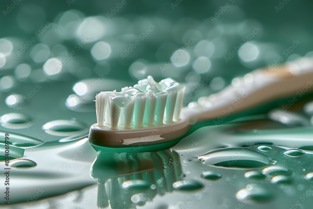 Poster a toothbrush with toothpaste forming concentric circles around it on a green background,