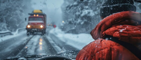 Behind the wheel of a tow truck, a driver responds swiftly to assist a stranded motorist, their professionalism shining through even in adverse conditions.