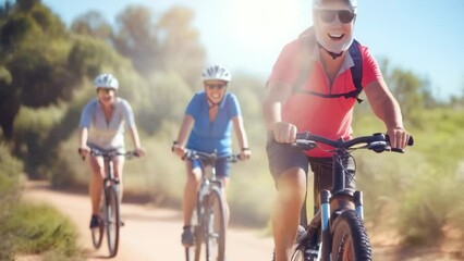 An elderly Caucasian man in a red shirt cycling with two women, one in blue and the other in white, in a park during the daytime. They are wearing helmets, enjoying the sunny weather.
