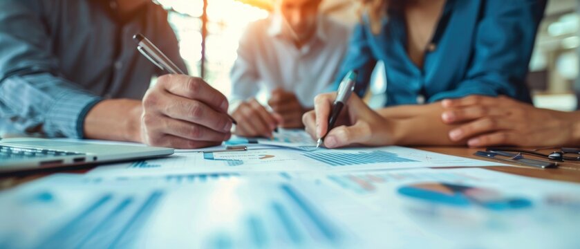 A team of insurance underwriters meticulously assesses risk factors, exemplifying professionalism in their commitment to accuracy.