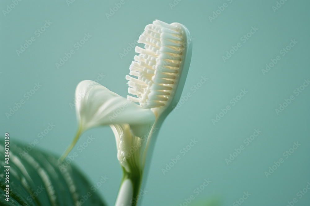Poster a toothbrush with toothpaste creating a flower petal design on the bristles against a light green ba