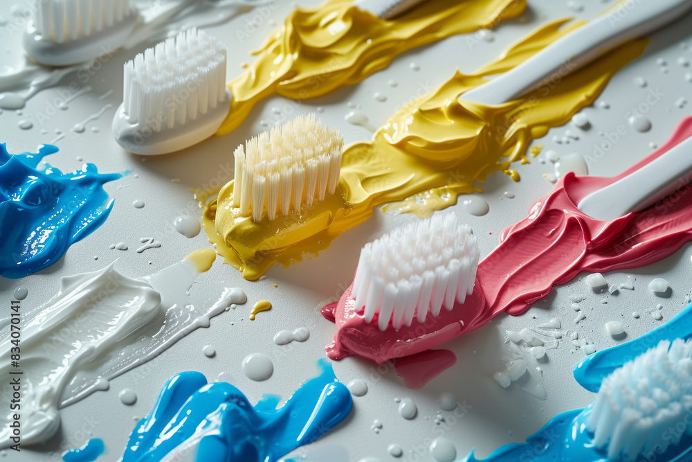 Aufkleber A flat lay of multiple toothbrushes with different colors of toothpaste squeezed in small dollops around them on a white background,