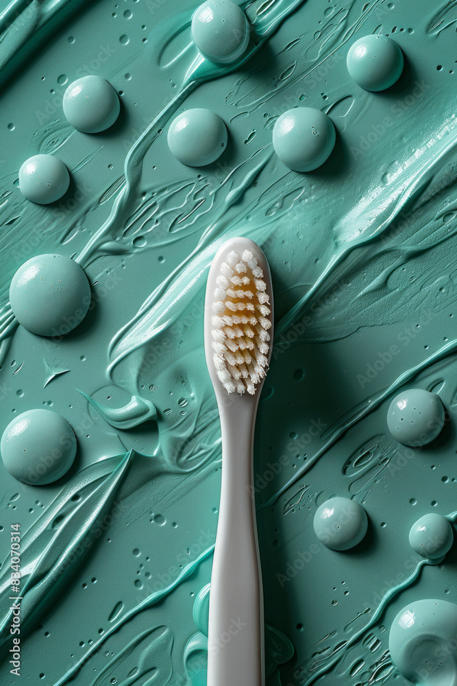 Leinwandbilder An abstract pattern of toothpaste dots and lines with a toothbrush lying diagonally across the frame on a green background,