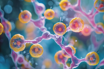 Obraz premium A vibrant image of yeast fungi in a liquid culture, with cells suspended and glowing in various hues,
